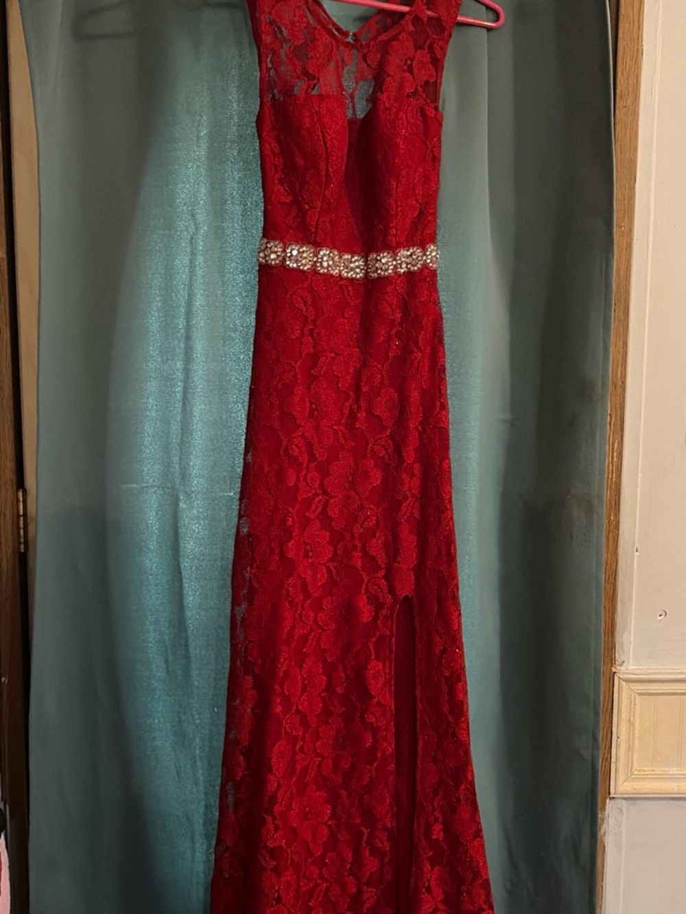 Jodi Kristopher Red Lace Prom Gown with Jeweled Waist